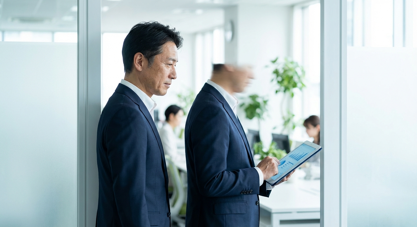 オフィスでタブレットを操作し、データに基づいて採用マーケティング戦略を検討する中小企業のビジネスマン。