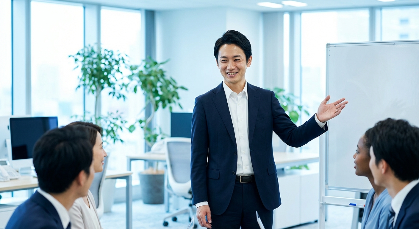 スタートアップの採用マーケティング戦略をプレゼンするビジネスパーソン