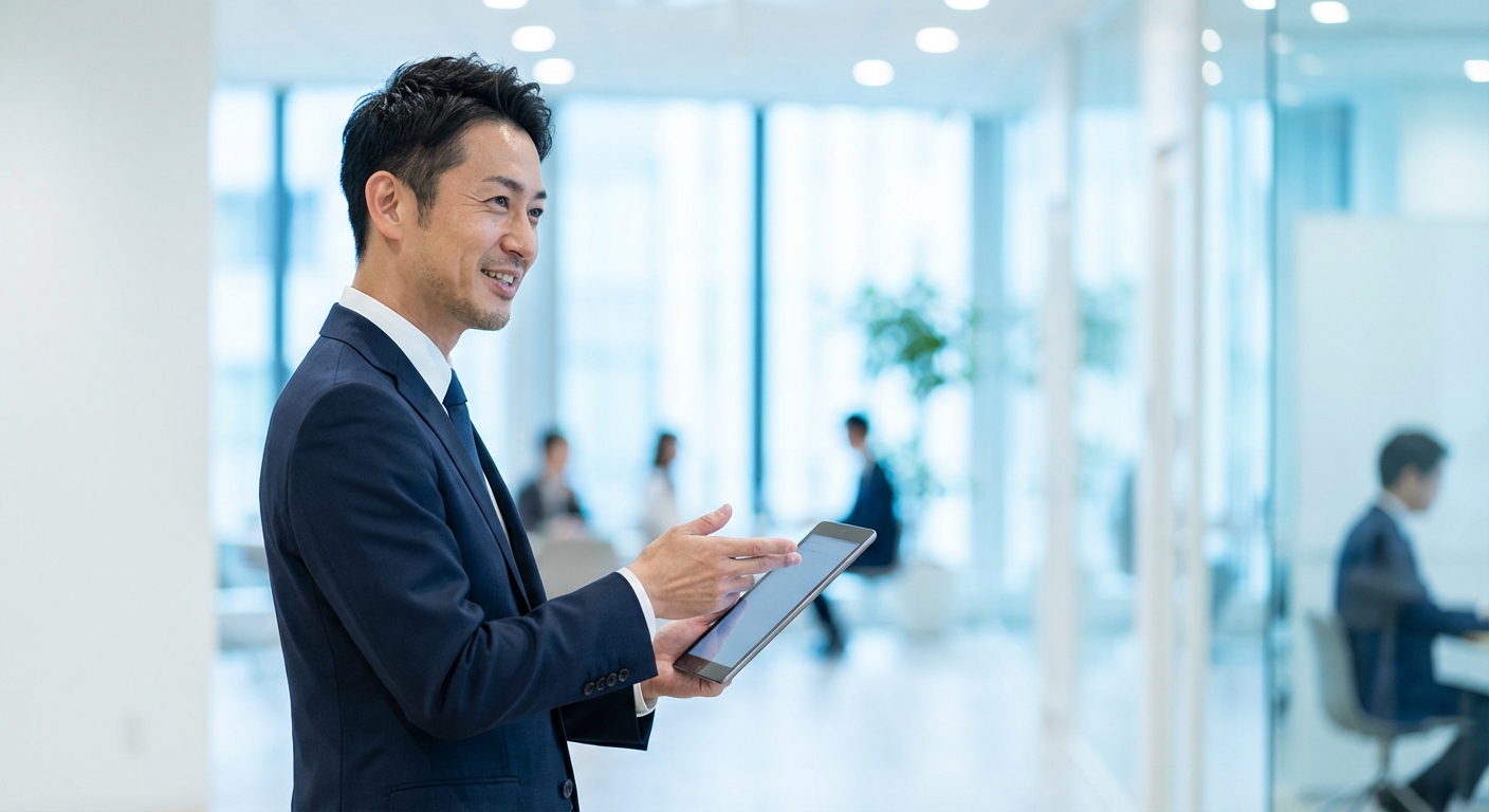 中小企業のオウンドメディアリクルーティング戦略を、オフィスでタブレットを用いて解説するビジネスマン。